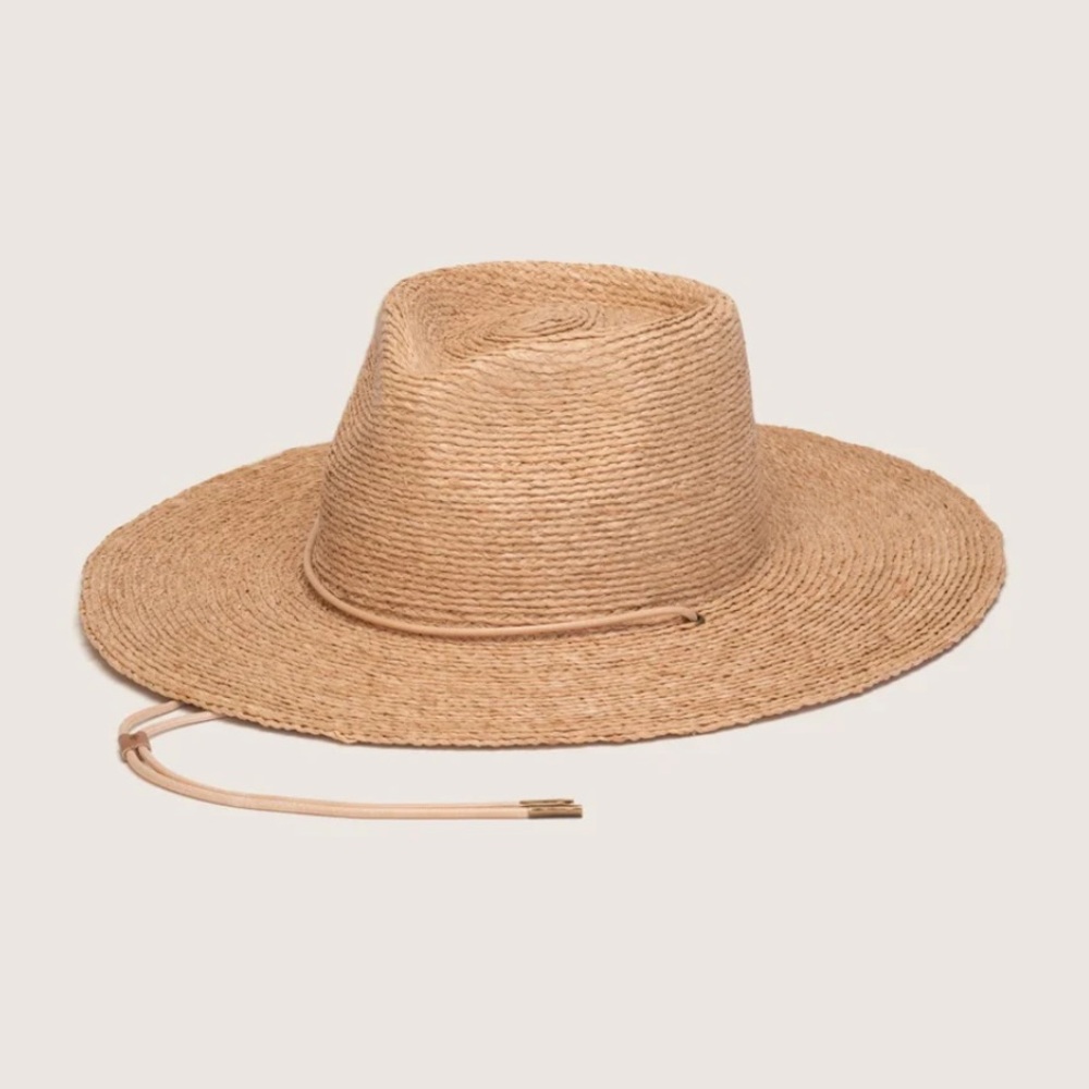 Natural Straw Wide-Brim Fedora Hat with Chin Cord